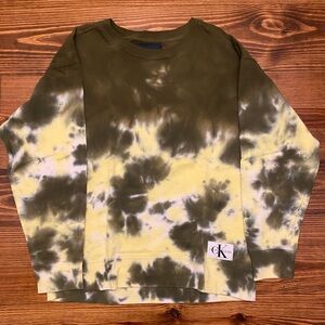 CALVIN KLEIN Green and Yellow Tie Dye Crew Neck, Size Medium